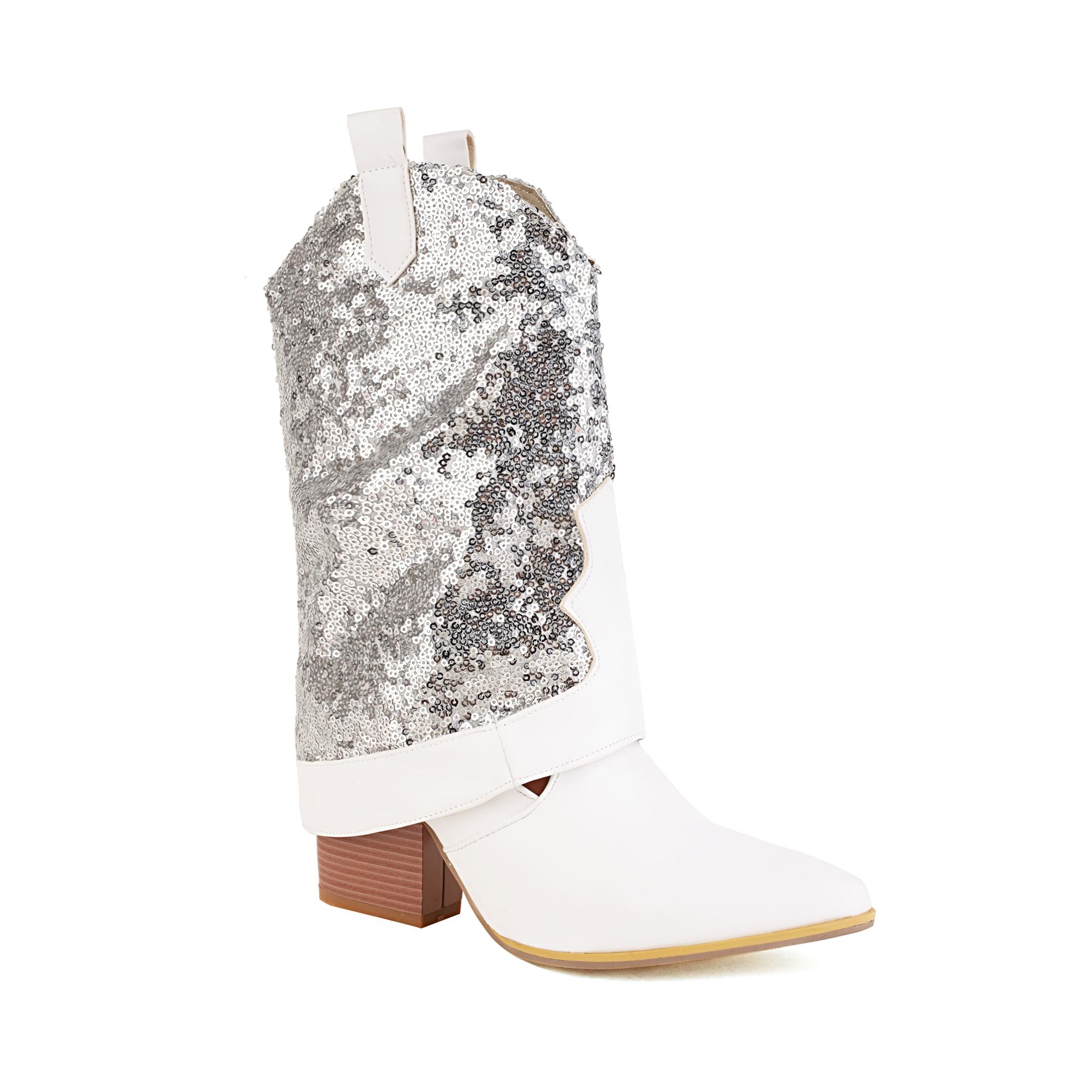 

Жіночі короткі чоботи на високих підборах Осінь і зима Нова мода димоподібні чоботи Чоботи з гострими паєтками На товстому каблуці Чоботи Мартин Великі жіночі черевики 45 срібний