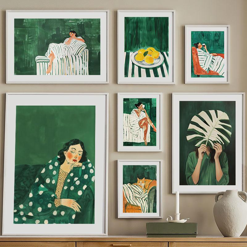 Green Striped Girl Lemon Leaf Wall Art Canvas Painting Abstract Posters And Prints Hotel Bar Wall Pictures For Living Room Decor