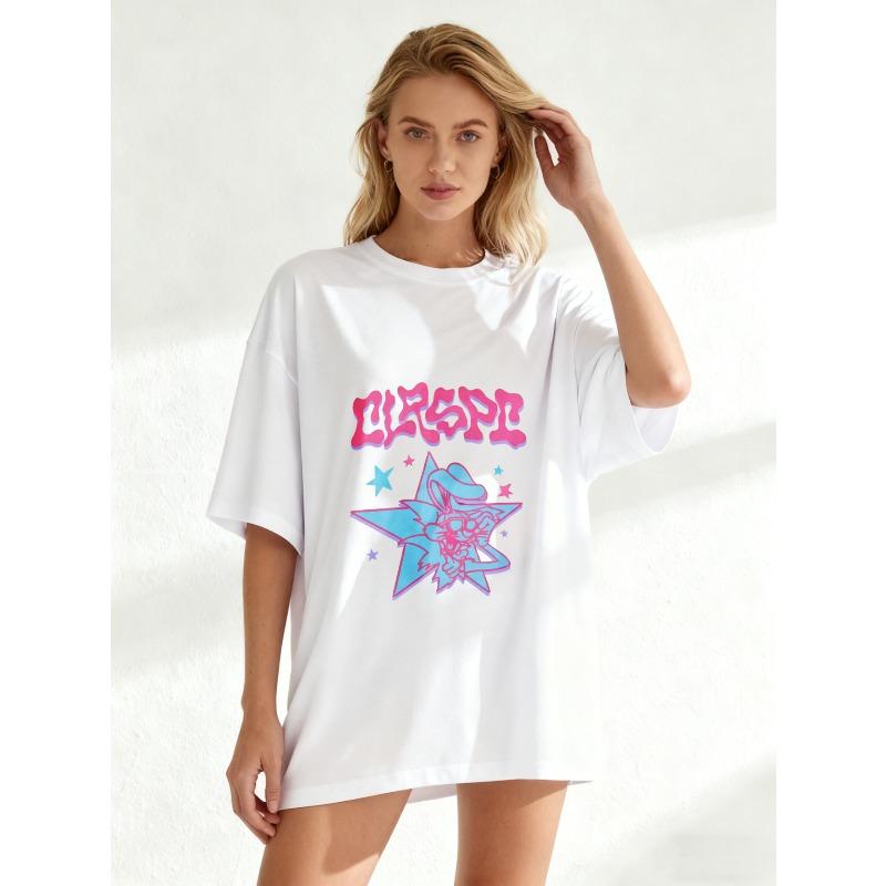 Oversized T Shirt Black Clespi Star Graphic And Text Print Casual Streetwear Fashion Top For Women