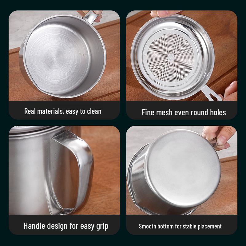 Stainless Steel Oil Filter Cup with Lid, Large Capacity for Kitchen Filtering and Storage