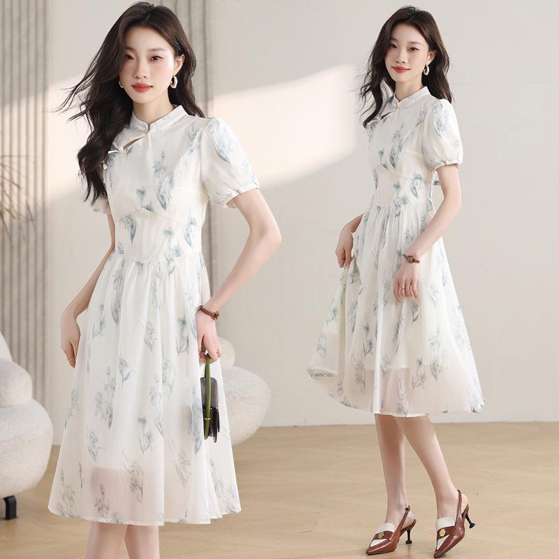 New Chinese Style Summer 2026 Women's Dress: Zen Puff Sleeve Cheongsam