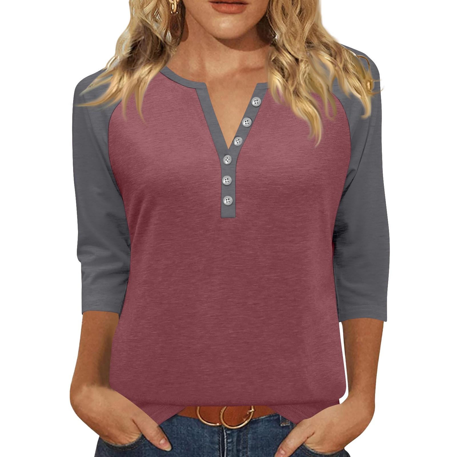 

Жен. Футболка С принтом Пуговицы Рукав 3/4 Повседневные Выходные Мода Классический Классический V-образный вырез Обычный Верх XXXL винный
