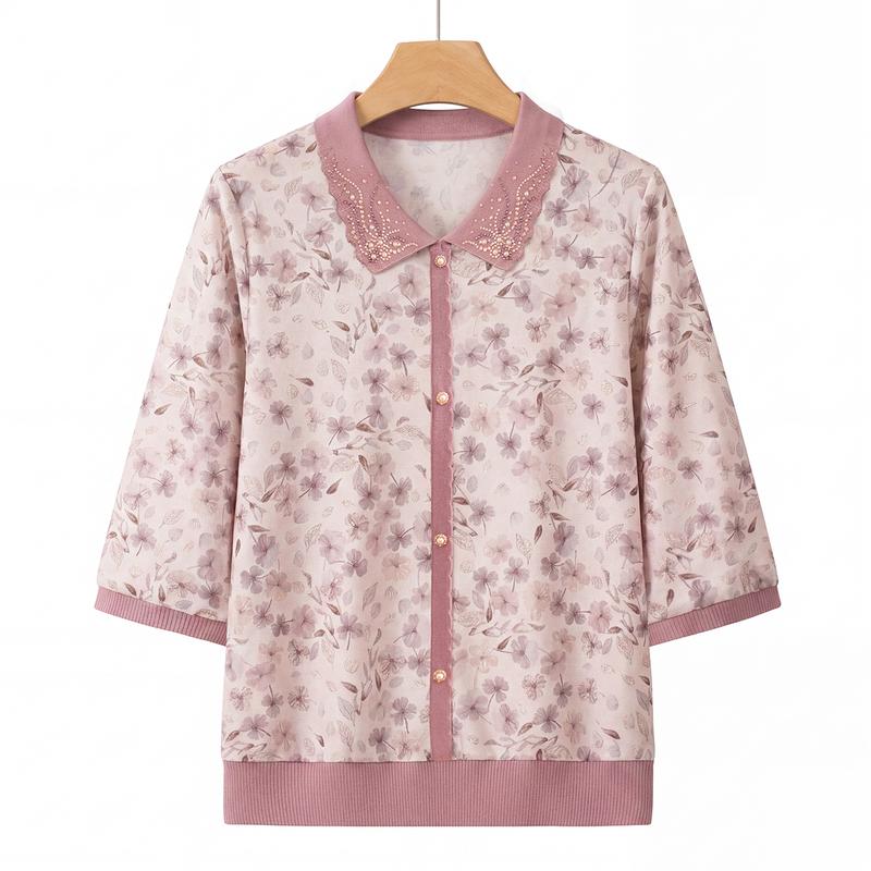 Yu Zhaolin Women s Floral Print Mid-Sleeve Knit Top XL