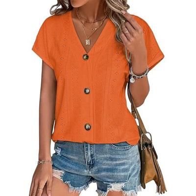Summer Casual Hollow Jacquard V-neck Top Button Short Sleeved Women's T-shirts