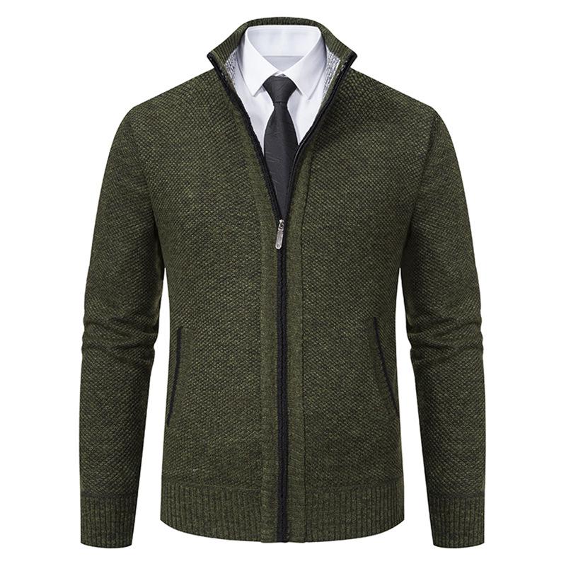 Men's Fleece-Lined Stand-Up Collar Cardigan: Thick, Solid Color, Plus Size Knit for Autumn/Winter.