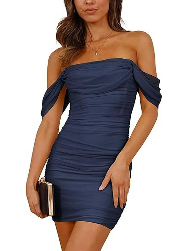 Off-Shoulder Ruched Bodycon Dress - European/American Style for Parties/Commutes