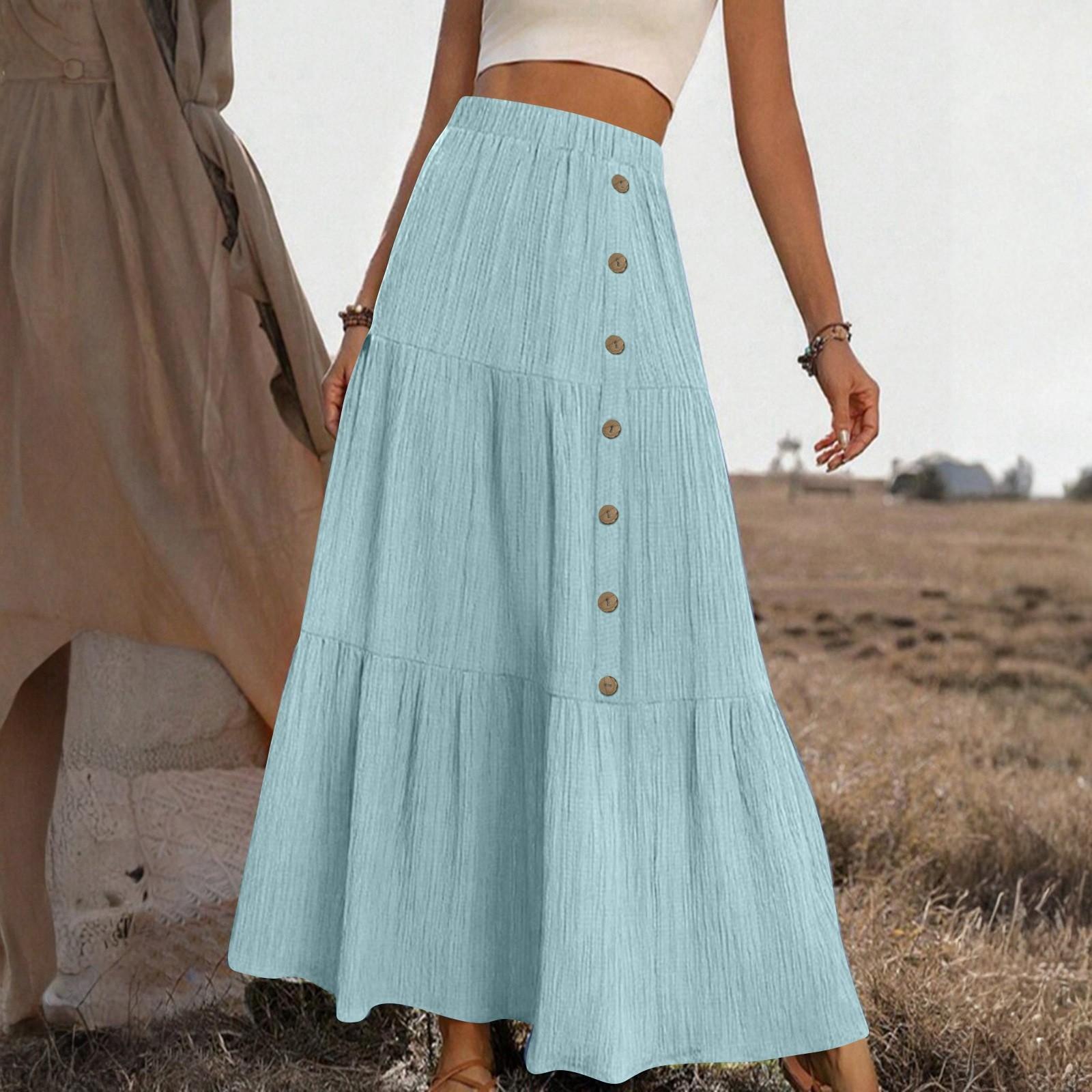 

Женская модная однотонная юбка А-силуэта с эластичным поясом на пуговицах XL светло-синий