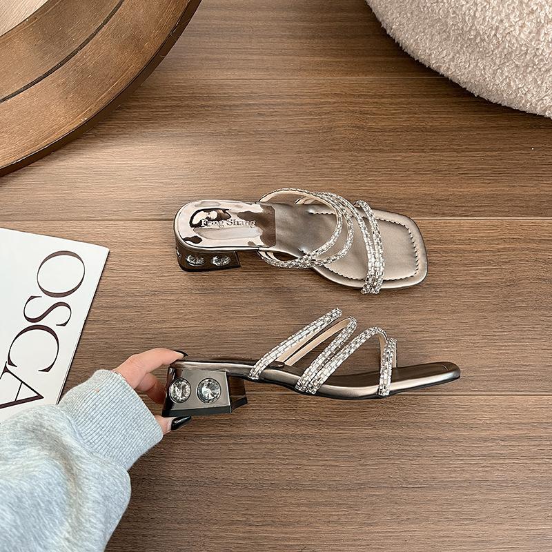 

Coarse heel fashion sandals women s 2025 summer new open-toed high-heeled sandals wear rhinestones temperament versatile one-word drag tide 40