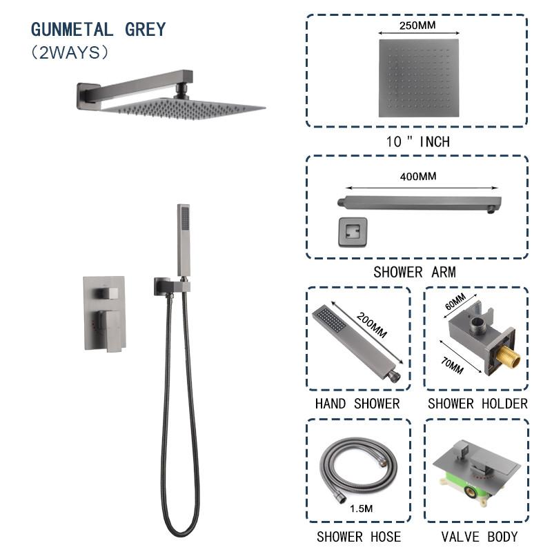 Brass Wall Embed Mount Grey Color 1/2/3 Function Concealed Shower System 10 Inch Top Rain Spray Hand Shower Head Bathroom Faucet