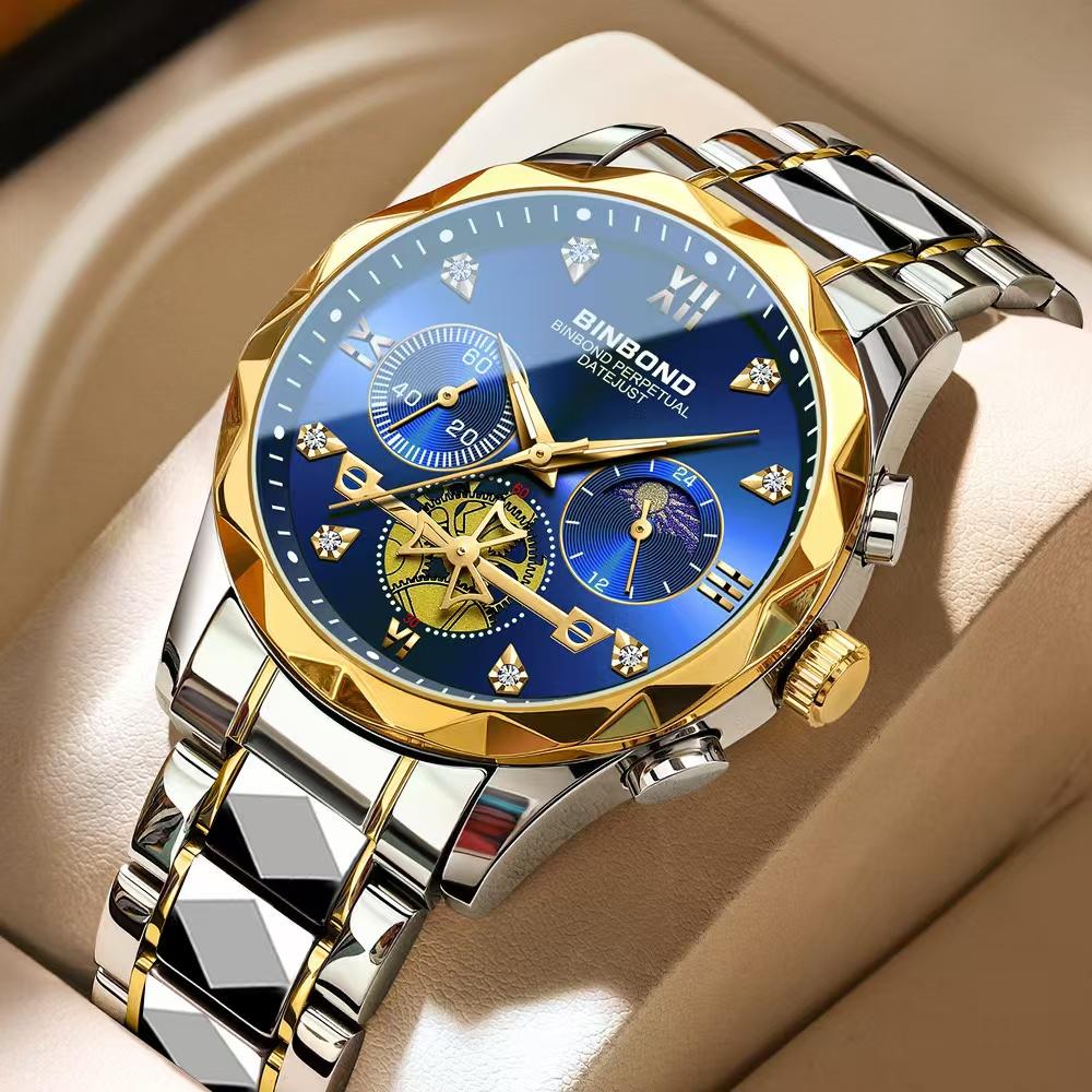 Binbond Latest Luxury Top Brand Men'S Watch Waterproof Luminous Timer Automatic Date Stainless Steel Man Quartz Movement Watch +Box