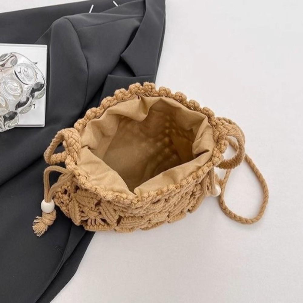 Kleine Eimer-Handtasche im frischen Stil, durchbrochen, mit Kordelzug, Umhängetasche, gewebte Strandtasche, für den Freizeitgebrauch