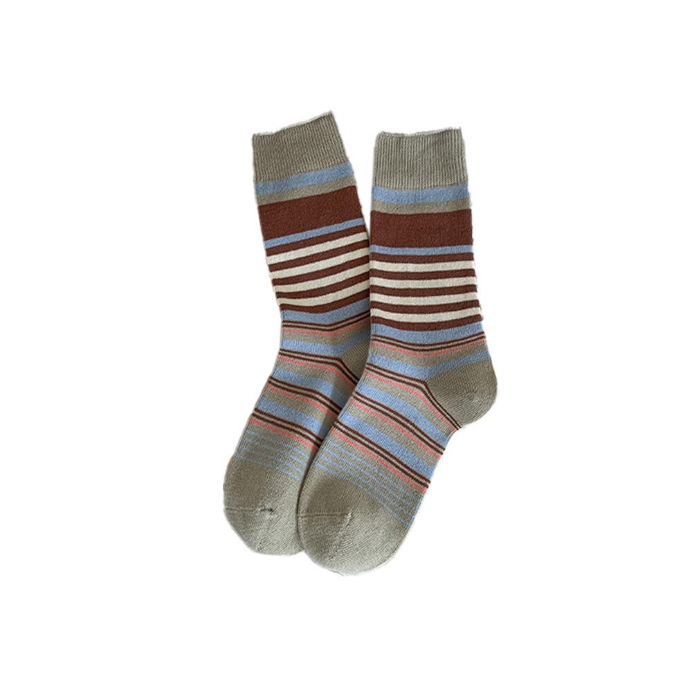Striped Pile Pile Socks for Women's Mid-calf Retro School Style Autumn and Winter Color-blocked Boneless Thigh-high Socks