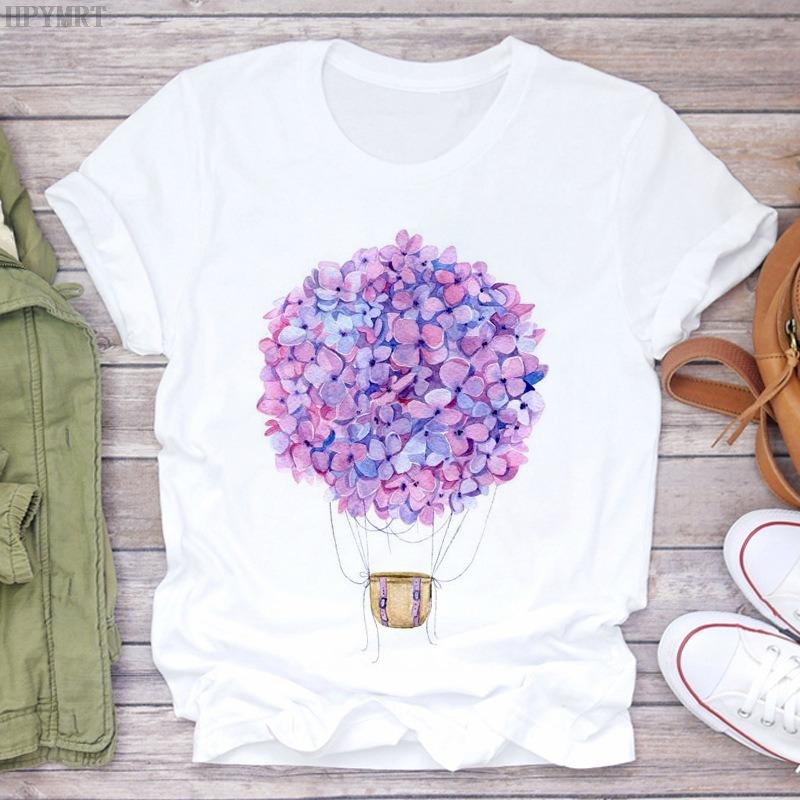 Watercolor Floral Hot Air Balloon Perfume Bottle Print Womens TShirt Casual Short Sleeve Top For Fashion Art Enthusiasts