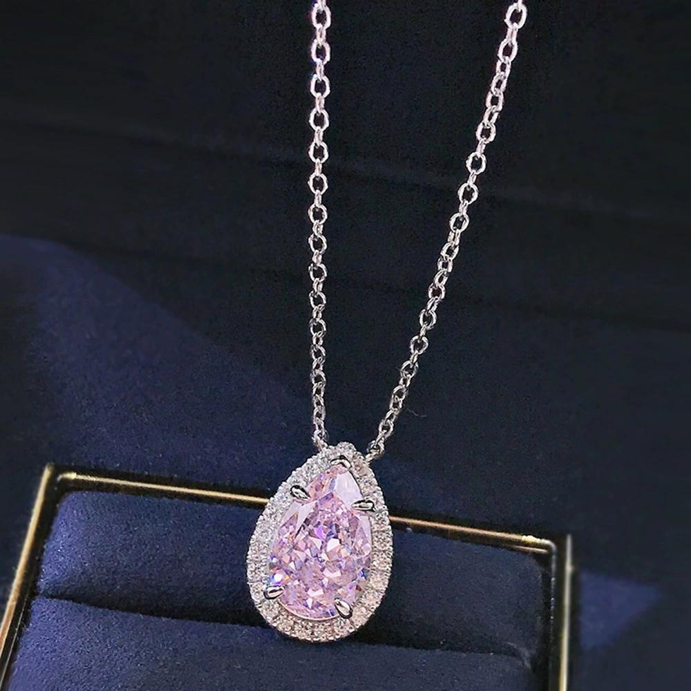 Luxury Female Crystal Yellow Pink Zircon Stone Water Drop Pendant Necklace Vintage Silver Color Wedding  For Women