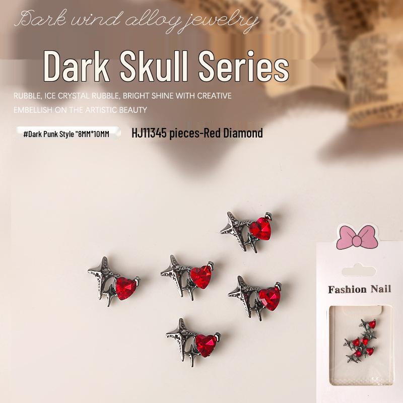 Dark Skull Retro Chrome Heart Scarlet Cross Nail Rhinestone Embellishments - 5 Pcs