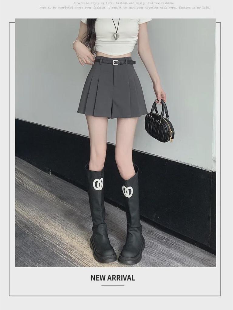 2024 Women's Summer High-Waisted Gray A-Line Skort: Slim, Loose, Pleated Shorts Skirt, Wide-Leg Design