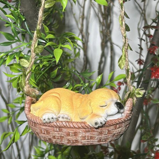 Dog Swing Ornament Cute Resin Puppy Sleeping in Woven Basket Statue Outdoor Hanging Decoration with Rope for Garden Patio Balcony Decor