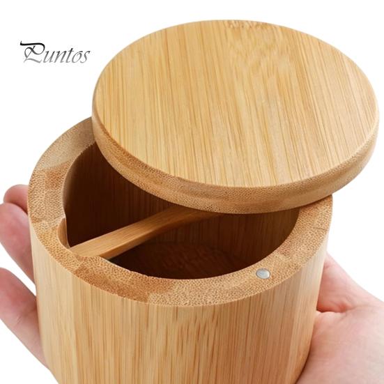 Reusable Wooden Seasoning Box Wood Salt Container with Swivel Magnetic Lid, Built-in Spoon Decorative Spice Keeper Jar, Moisture Proof for Kitchen