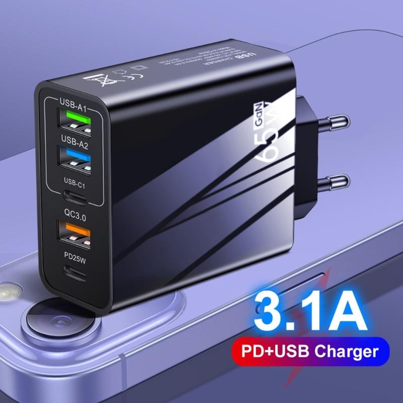 Multifuntional 65W Wall Charging Adapter USB Type C Port Intelligent Power Desktop Charging Station Plastic Texture
