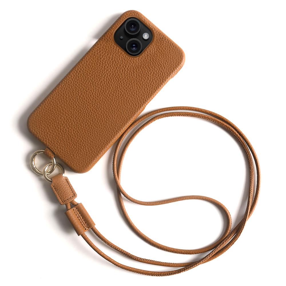 For iPhone 14 Case with Lanyard Genuine Cow Leather PC Phone Back Cover