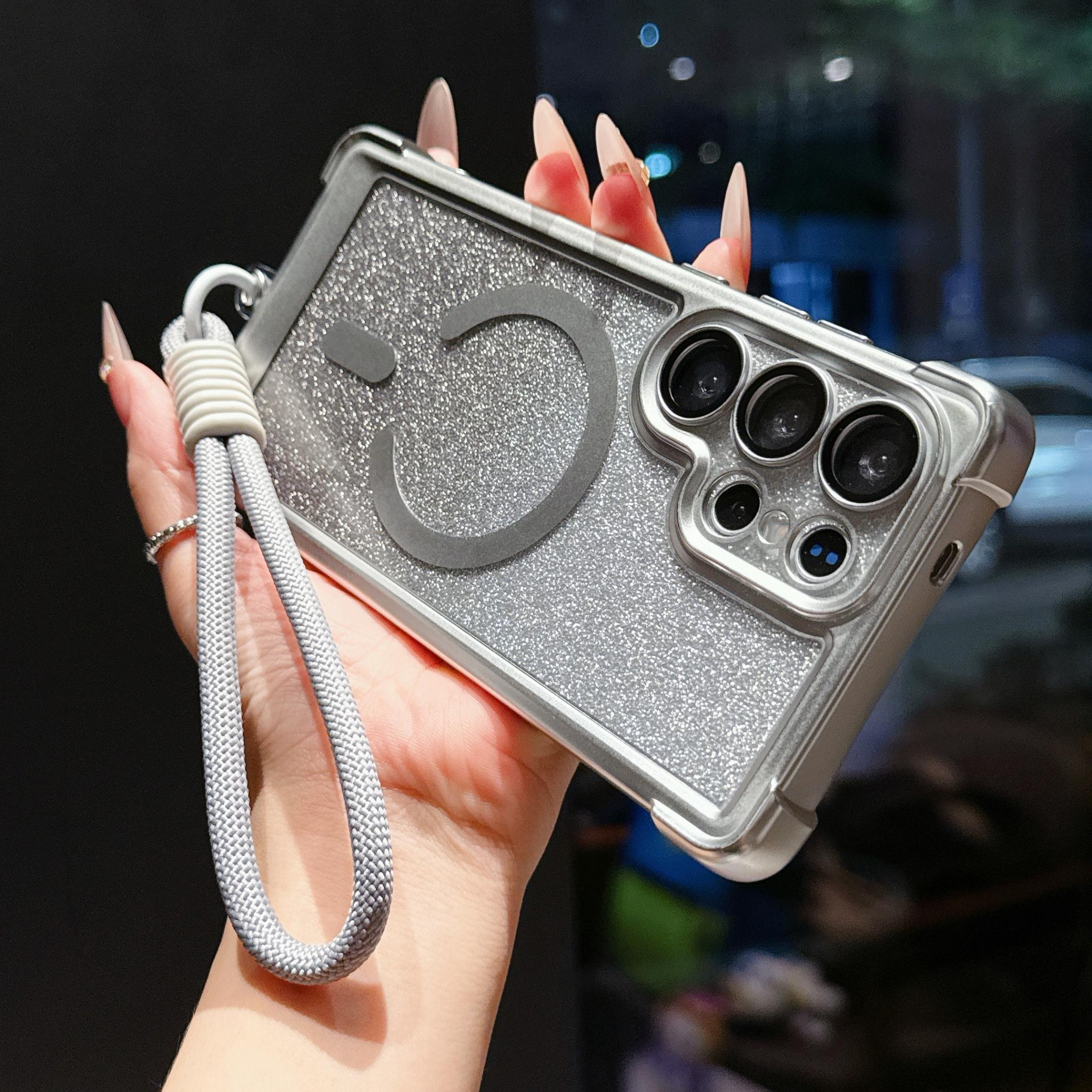 

Glitter Magnetic Phone Case with Wrist Strap for Samsung Galaxy S23 S24 S25 S26 Ultra Plus Protective Cover Acrylic Hard Slim Galaxy S24+ срібний