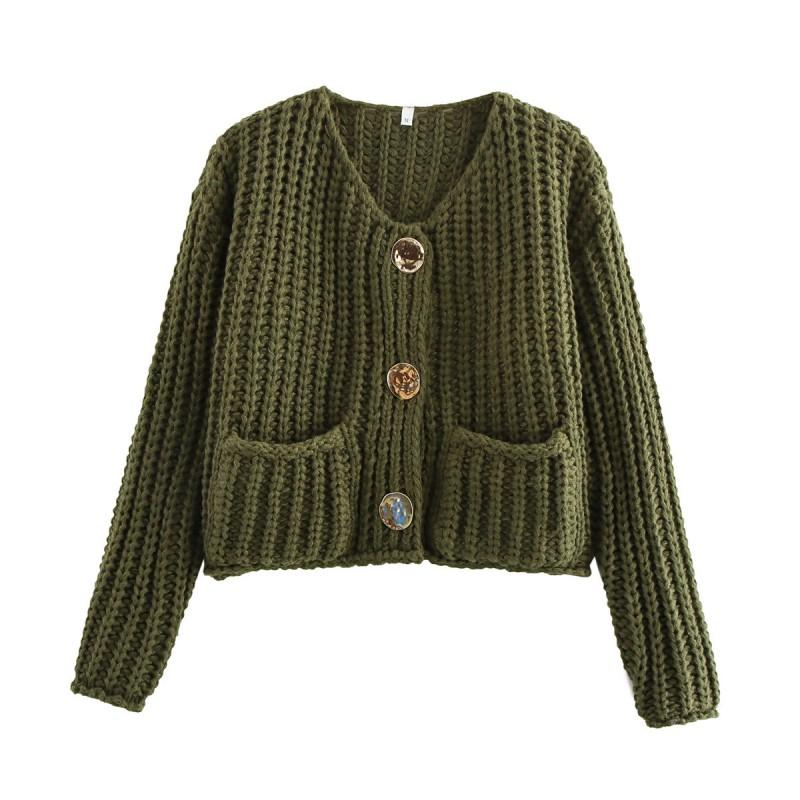 24 Womens Fall Winter Street Fashion Crewneck Knit Cardigan Short Sweater With Metal Buttons