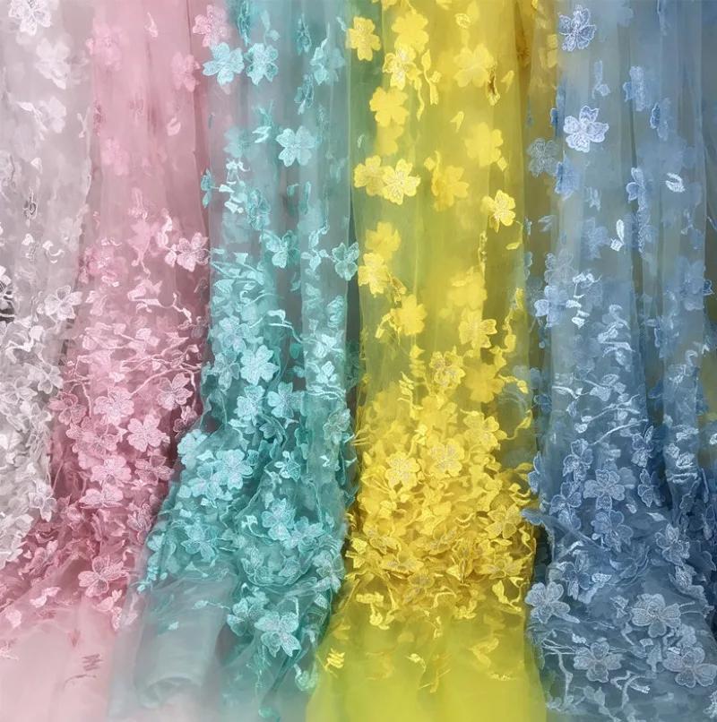 50x125cm Bleu Clair Rose Broderie Dentelle 3D Fleur Tissu Tissu pour Robe Vêtement Fond pour Mariage Senior Tournage en Direct