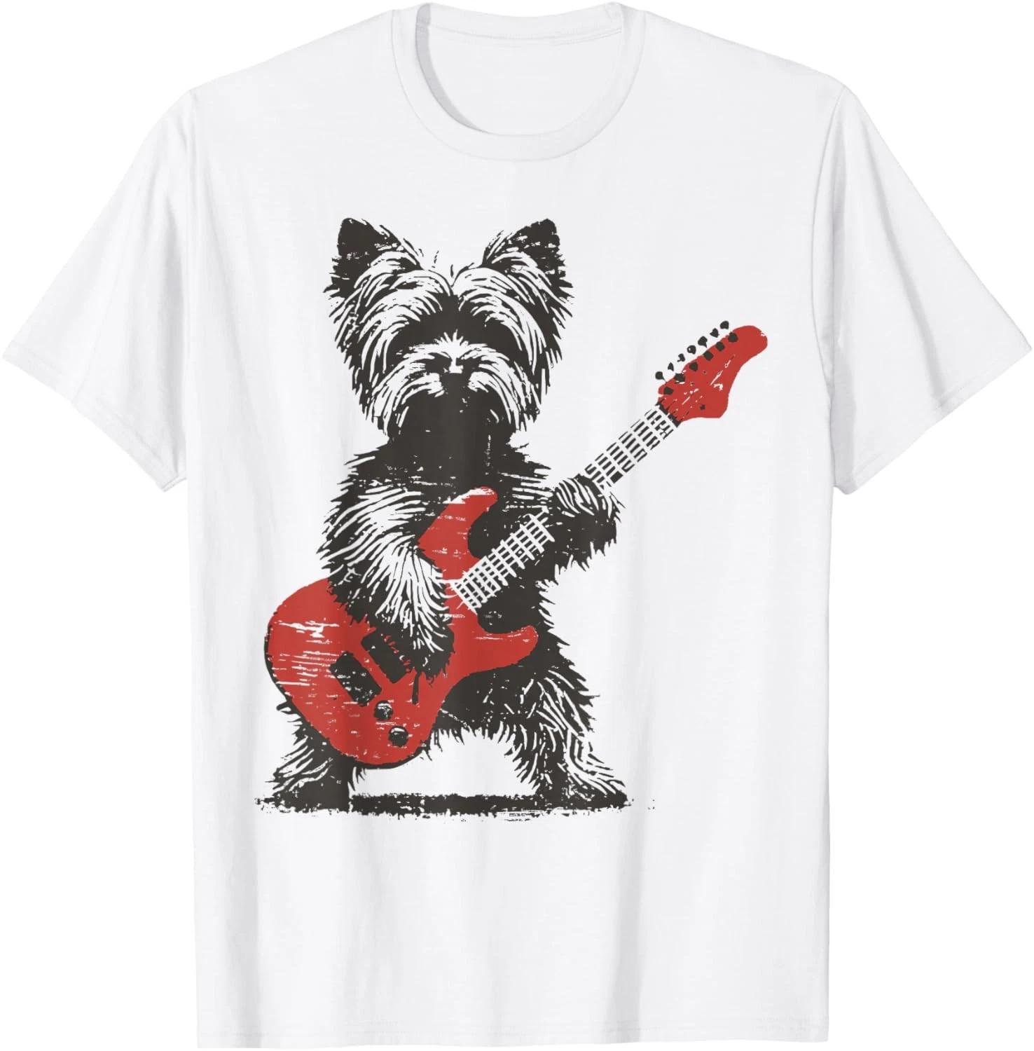 Vintage Yorkie Rock Funny Dog Playing Guitar Rock Style T-Shirt unisex T-Shirt L
