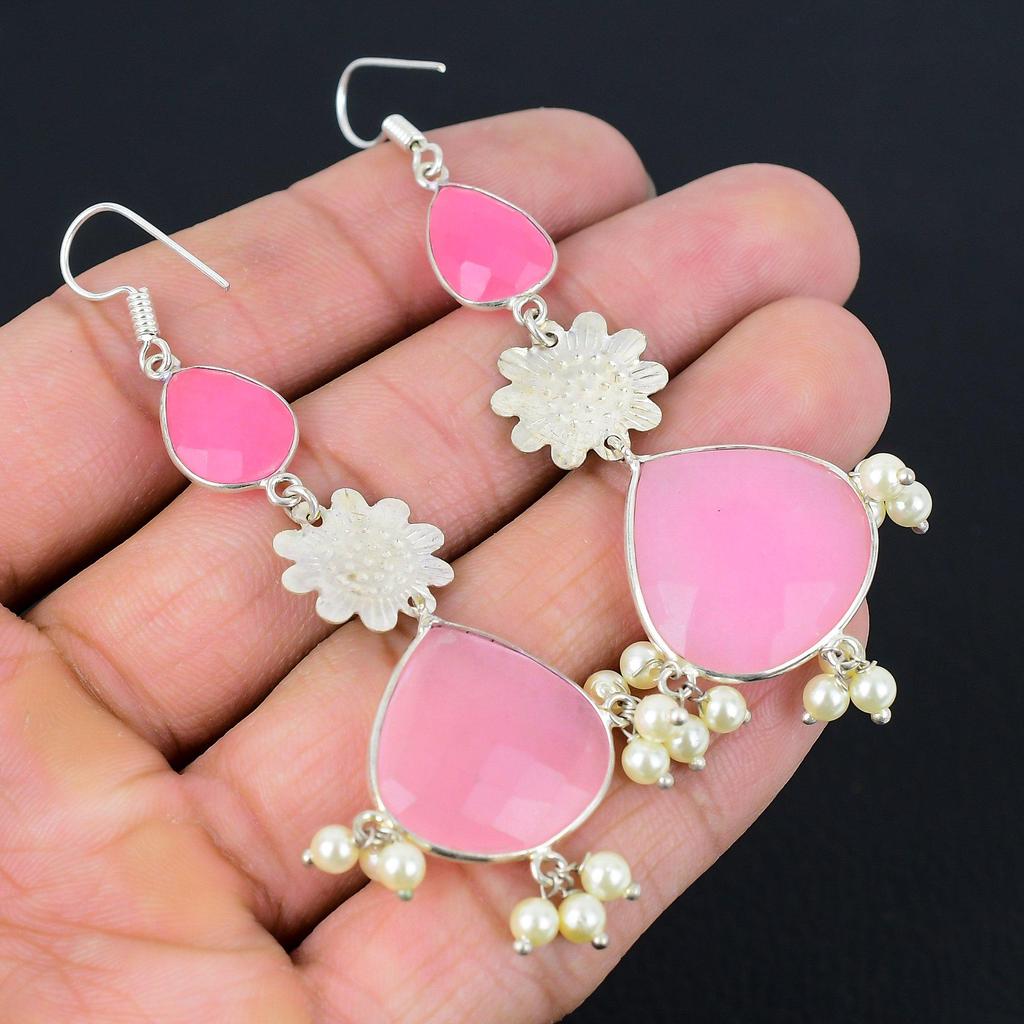 Tages der Töchter Sale Birne Rosa Chalcedon Edelstein Hänge Tropfen Ohrringe 925 Silber