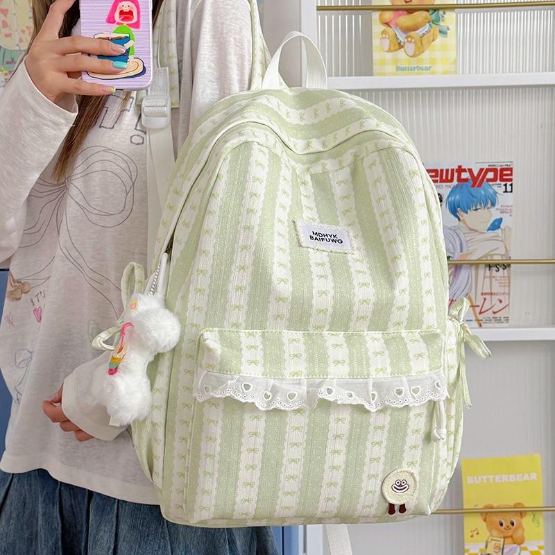 Schoolbag Summer Fresh Peach Light Pink Striped Bow Schoolbag Milk Huhu Sweet Girl Heart Girlfriend Travel Backpack