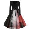 Women's Long Sleeve V Neck Vintage Style Dress with Halloween Print Casual Retro Fit and Flare Midi Dress with Waist Tie for Everyday Wear