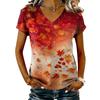 Women's V-Neck Short Sleeve Top with Maple Leaf Print for Casual Everyday Wear