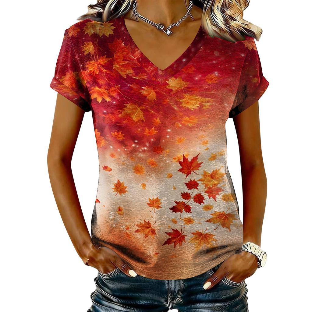 Women's V-Neck Short Sleeve Top with Maple Leaf Print for Casual Everyday Wear