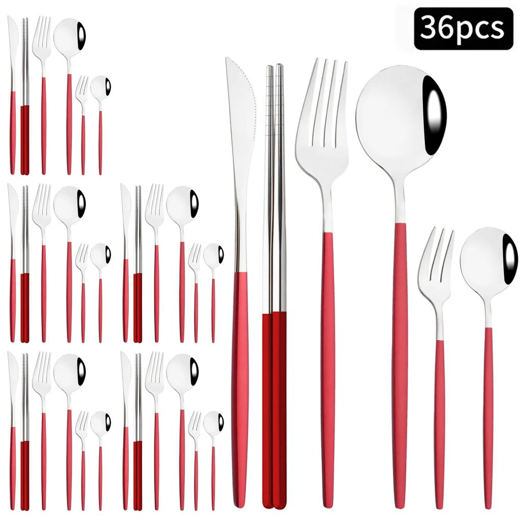 36 ks Černozlatá sada příborů Nůž Vidlička Lžíce Hůlky Sada nádobí Nerezové ocelové dortové vidličky Čajové lžičky Stolní nádobí Příbory