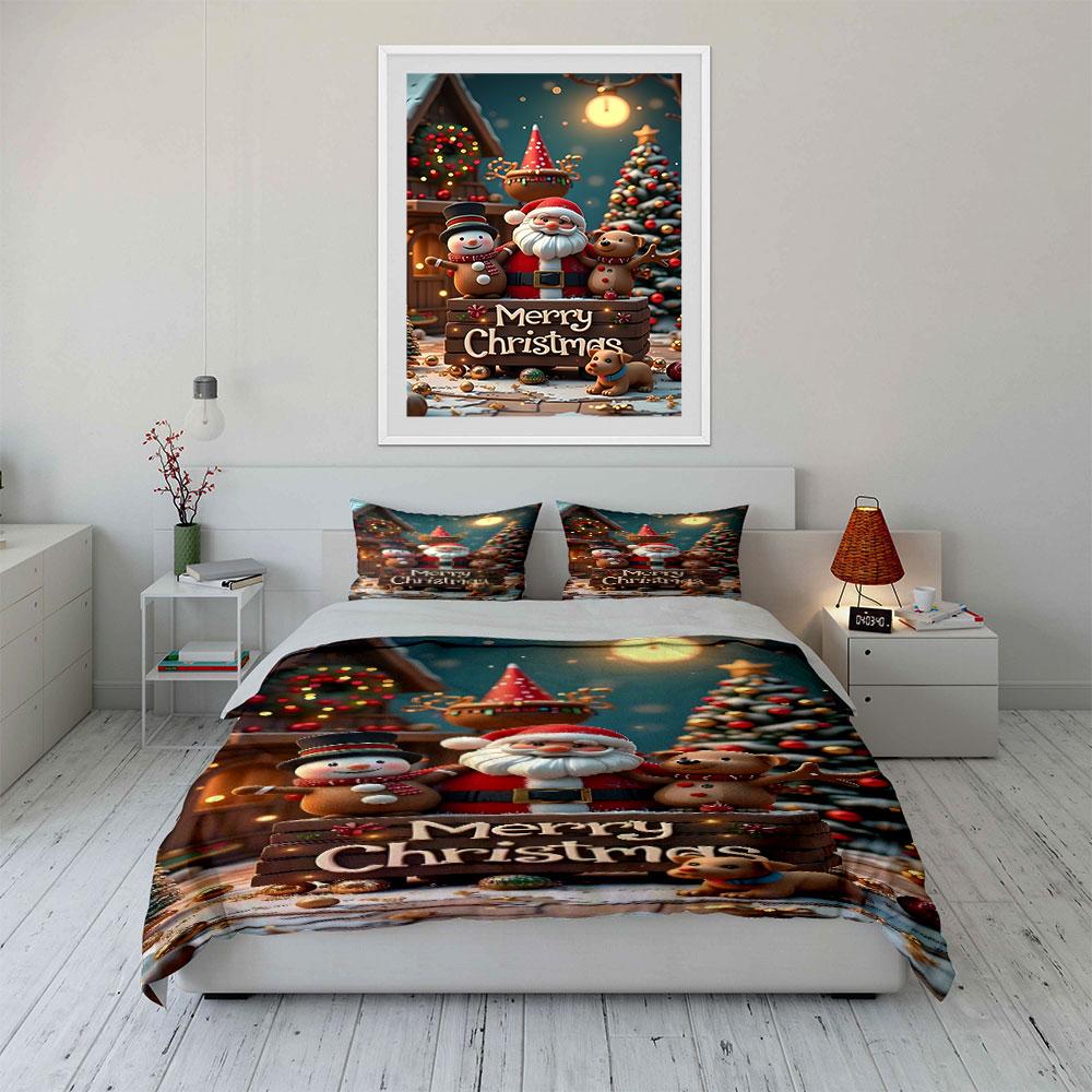 Christmas Santa Snowman Decor Bedding Duvet Cover Set Duvet Cover Pillowcases (1*Duvet Cover 2*Pillowcases, Without Duvet Insert)