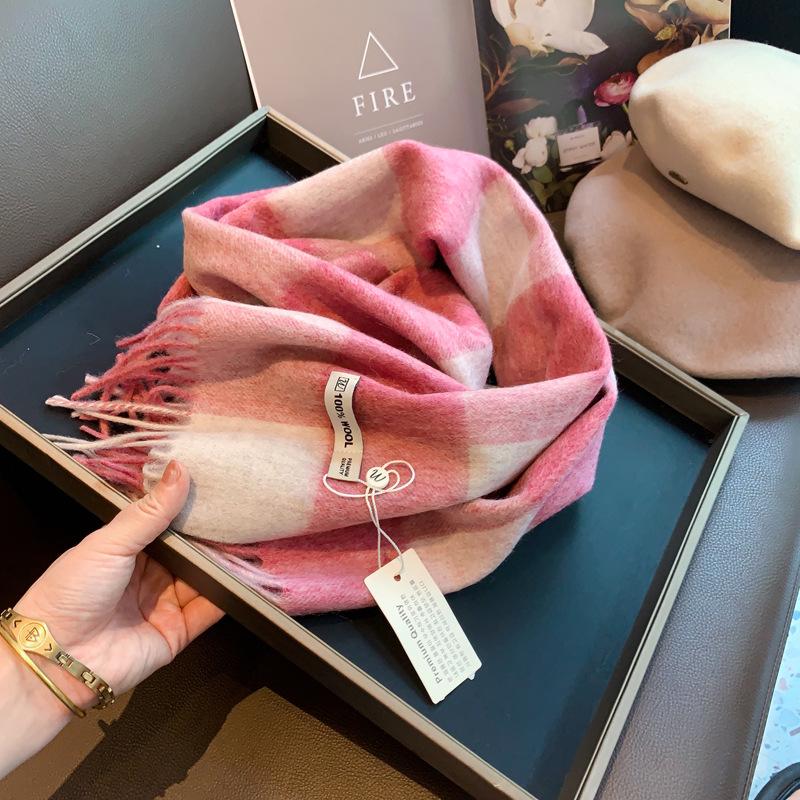 A Versatile High end Wool Knitted Woolen Scarf for Women's Winter Warmth  A Narrow and Long Color Blocked Checkered Shawl for Women