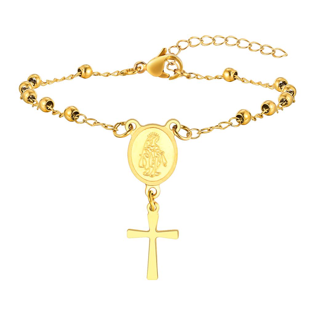 Edelstahl Jungfrau Maria St. Benedikt Kreuz Armband, Perlenkette Armband Damen Religiöser Schmuck