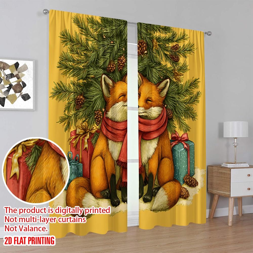 2pcs,2D Plane Printing Contemporary Curtains Cozy Foxes In Red Scarves with Pine & Gifts Versatile Fabric (without Rod) Art Deco