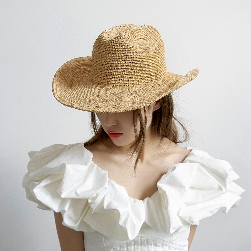 Chapeau de cowboy en crochet de raffia pliable pour hommes et femmes, chapeau de soleil en paille, style tendance, printemps et été européen et américain, tissé à la main