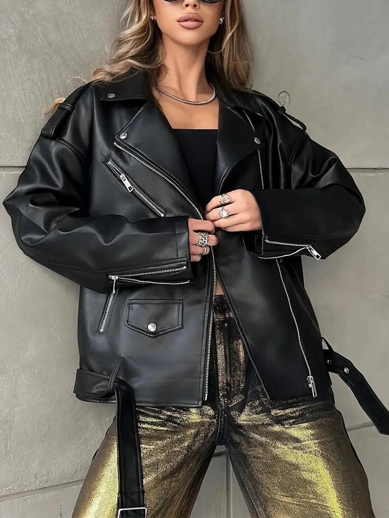 Sieviešu retro PU ādas motocikla jaka