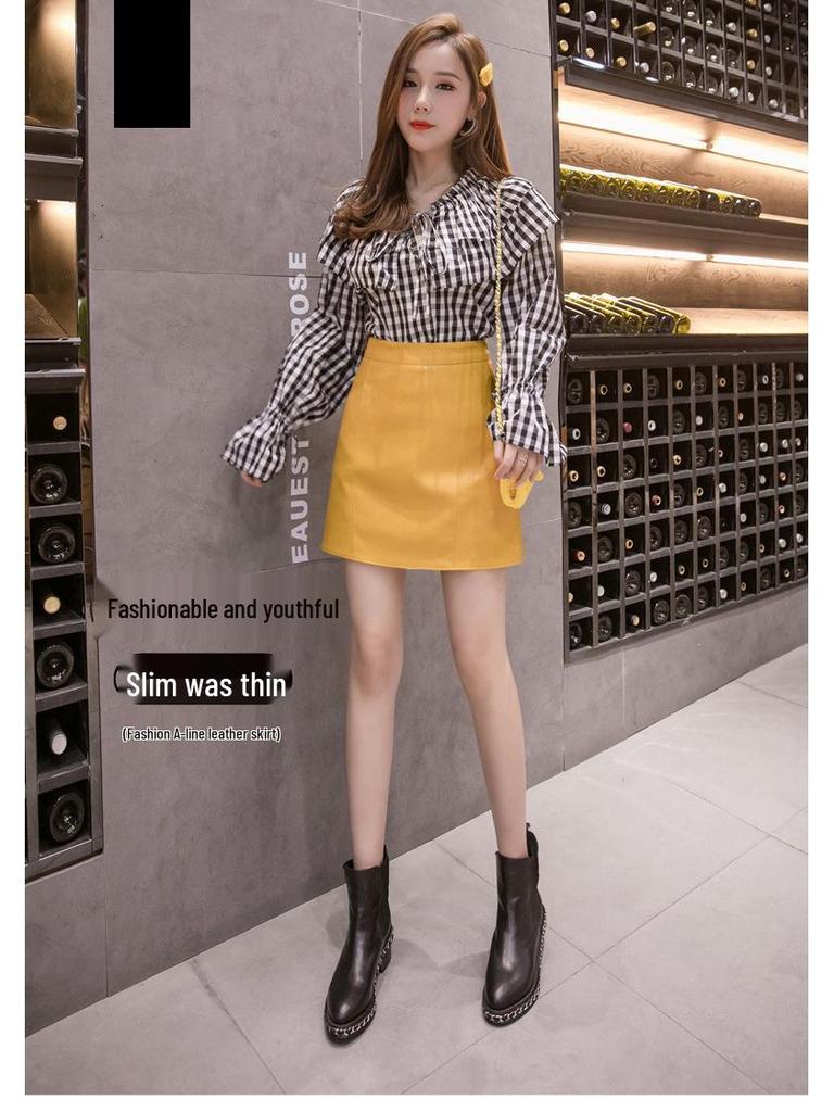 Korean-Style PU Leather A-Line Mini Skirt, Multicolor, Spring/Autumn Collection.