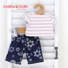 Cushu cush Gelatoni Plüschkostüm-Set (Hergestellt in Japan) - Lavendelfarbenes gestreiftes T-Shirt mit Lächeln-Blumenprint und Hose (2-teiliges Set) (cds257J)