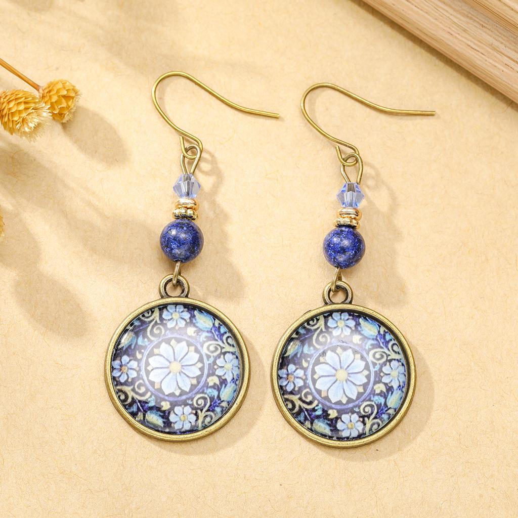 Böhmischer Ethnischer Stil Blumenmuster Runde Platte Damenohrringe Vintage Schmuck Feiertagsjubiläum Geschenk Zubehör