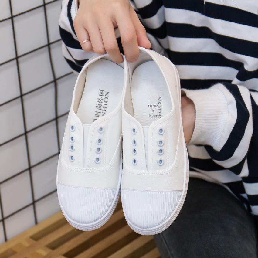Korean Style Women's Canvas Slip-On Shoes, White, Size 41, No Heel. Perfect for Summer and Year-Round Wear.