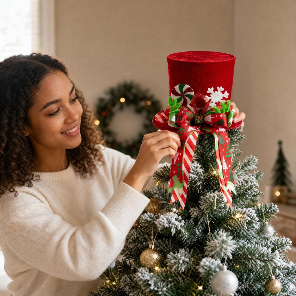 Christmas Tree Topper Red Velvet Top Hat with and Star for Holiday Home Decor