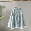 Women's 2024 Retro Embroidered Cotton-Linen Button-Up Shirt - Chinese Zen Tea Service, Loose Fit, Round Neck.