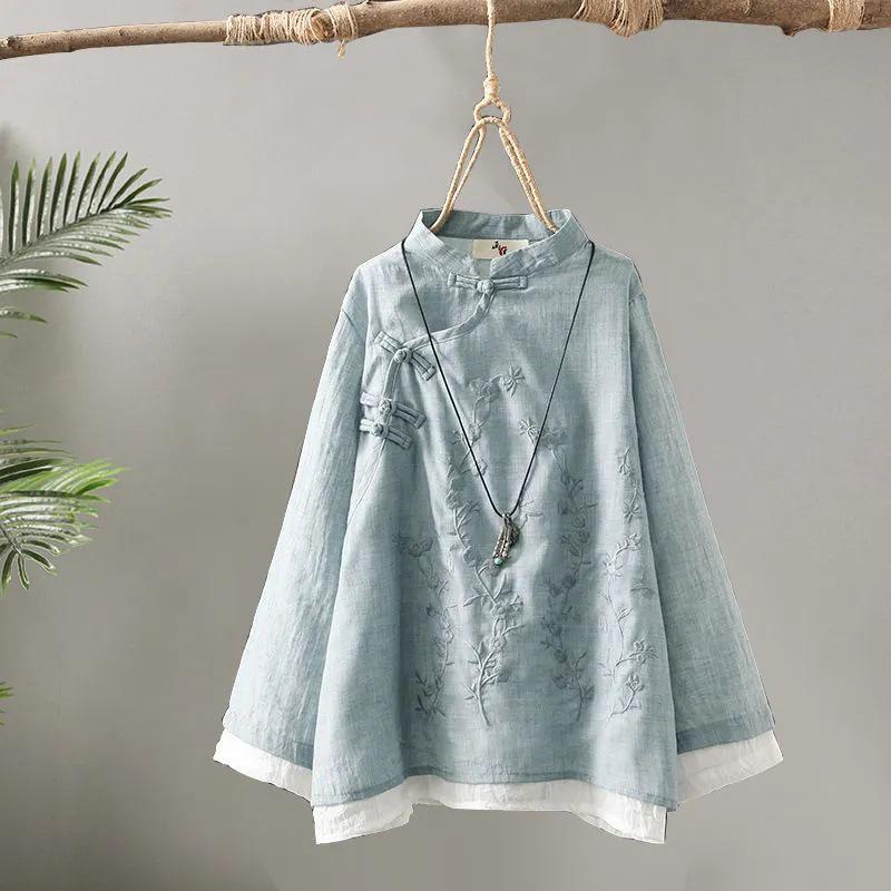Women's 2024 Retro Embroidered Cotton-Linen Button-Up Shirt - Chinese Zen Tea Service, Loose Fit, Round Neck.