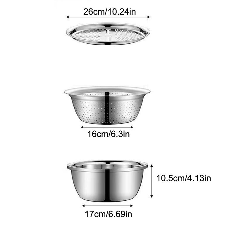 Multifunctional Stainless Steel Basin, 2026 New 3 In 1 Multifunctional Stainless Steel Basin Strainer Set With Grater A