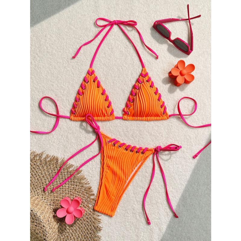 Sexy Triangle Bikini Set New Solid Color Textured Ribbed Halter Lace Up Tie Side Summer Beach Vacation Ins Fashion Swimwear