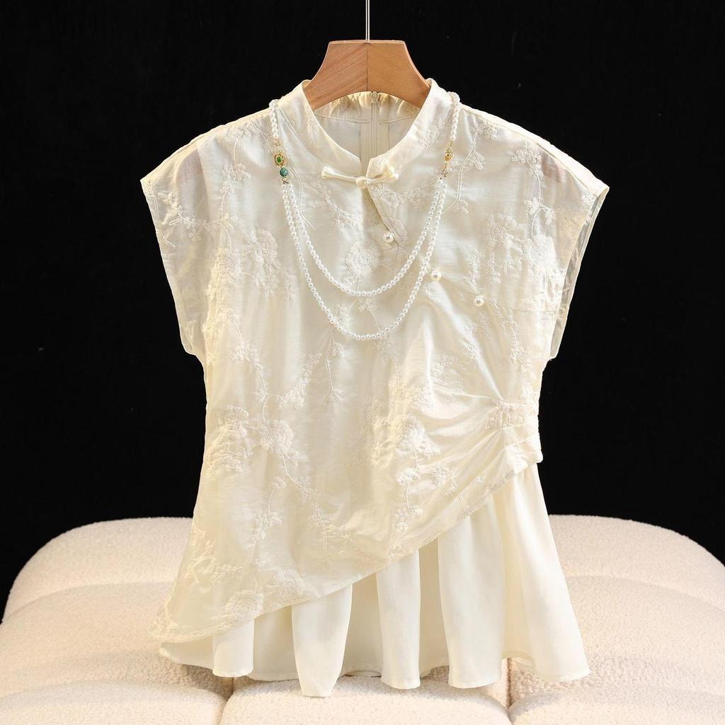 Premium casual versatile sleeveless top button-down embroidered shirt summer retro luxury